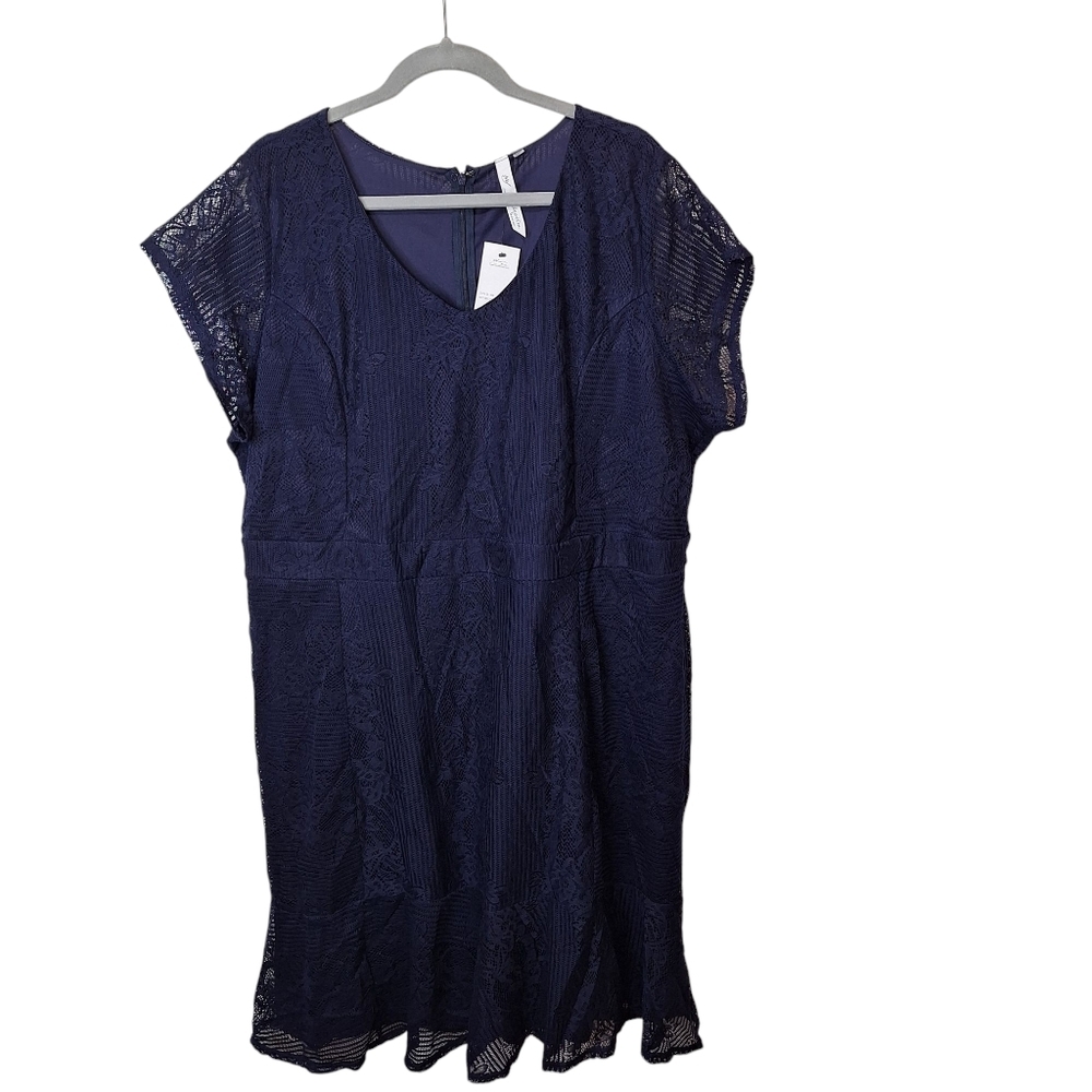 NY Collection All Over Lace Dress Size 3X Blue Short Sleeve Lined Flare Hem NWT
